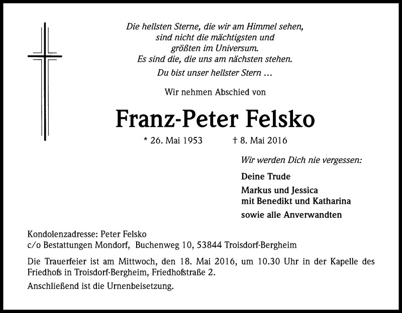  Traueranzeige für Franz-Peter Felsko vom 14.05.2016 aus Kölner Stadt-Anzeiger / Kölnische Rundschau / Express