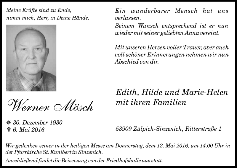  Traueranzeige für Werner Mösch vom 10.05.2016 aus Kölner Stadt-Anzeiger / Kölnische Rundschau / Express