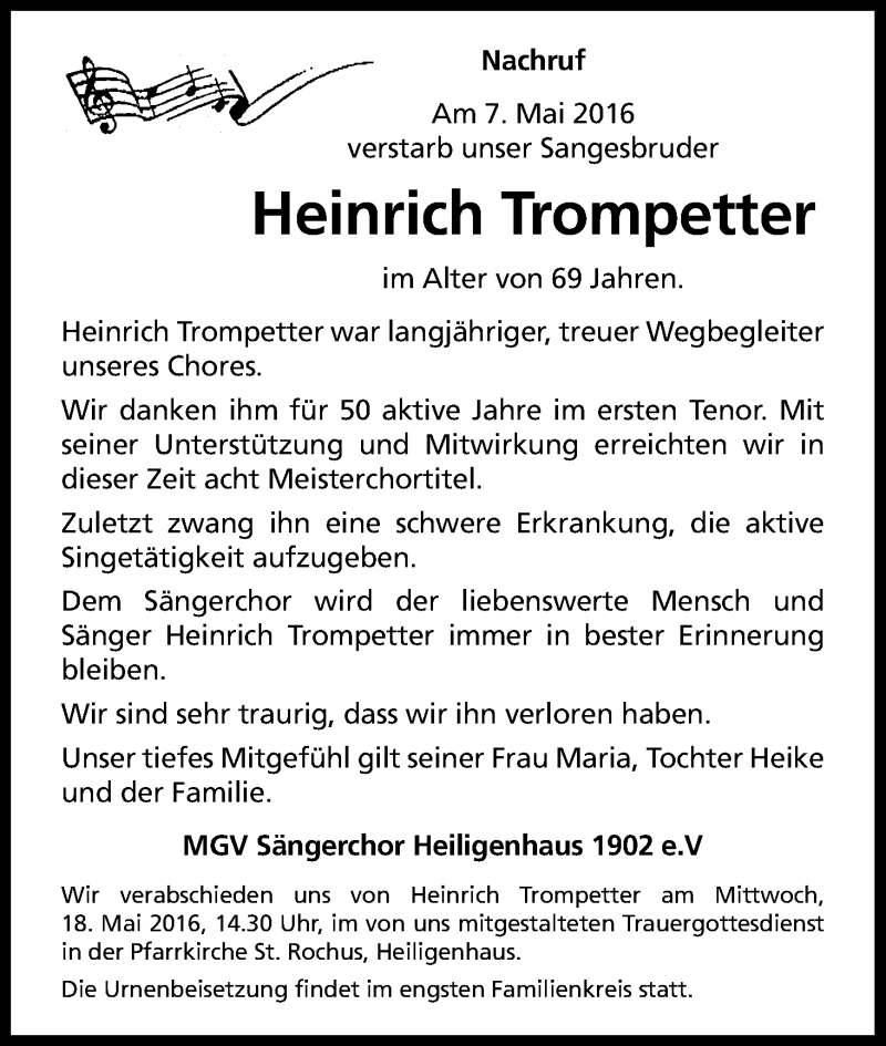 Traueranzeige für Heinrich Trompetter vom 14.05.2016 aus Kölner Stadt-Anzeiger / Kölnische Rundschau / Express