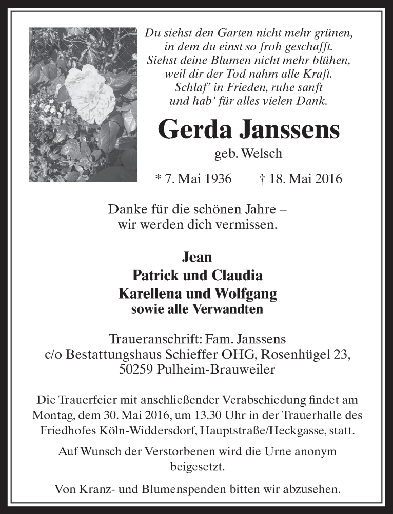  Traueranzeige für Gerda Janssens vom 25.05.2016 aus  Kölner Wochenspiegel 