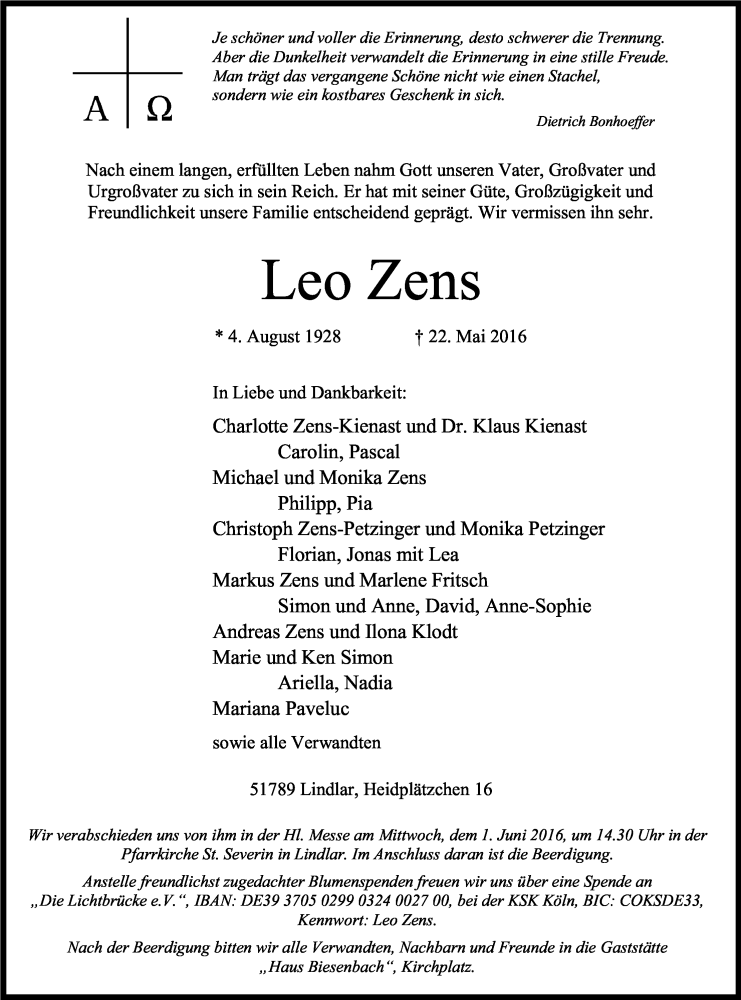  Traueranzeige für Leo Zens vom 28.05.2016 aus Kölner Stadt-Anzeiger / Kölnische Rundschau / Express