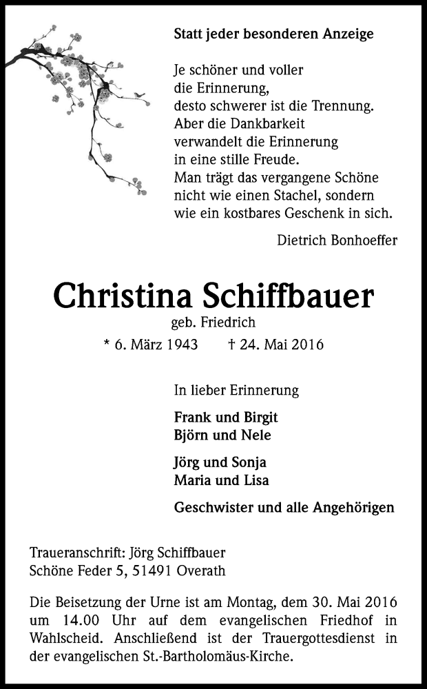  Traueranzeige für Christina Schiffbauer vom 28.05.2016 aus Kölner Stadt-Anzeiger / Kölnische Rundschau / Express