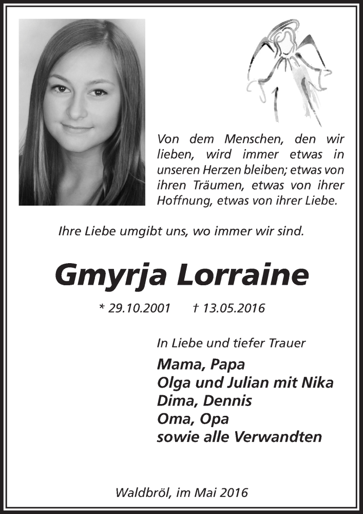  Traueranzeige für Gmyrja Lorraine vom 18.05.2016 aus  Lokalanzeiger 