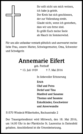 Anzeige von Annemarie Eifert von Kölner Stadt-Anzeiger / Kölnische Rundschau / Express
