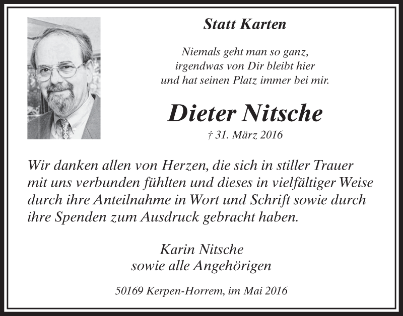  Traueranzeige für Dieter Nitsche vom 14.05.2016 aus  Sonntags-Post 
