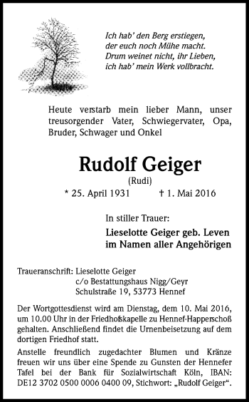 Anzeige von Rudolf Geiger von Kölner Stadt-Anzeiger / Kölnische Rundschau / Express