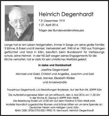 Anzeige von Heinrich Degenhardt von Kölner Stadt-Anzeiger / Kölnische Rundschau / Express