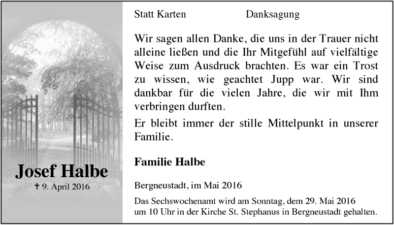  Traueranzeige für Josef Halbe vom 18.05.2016 aus  Anzeigen Echo 