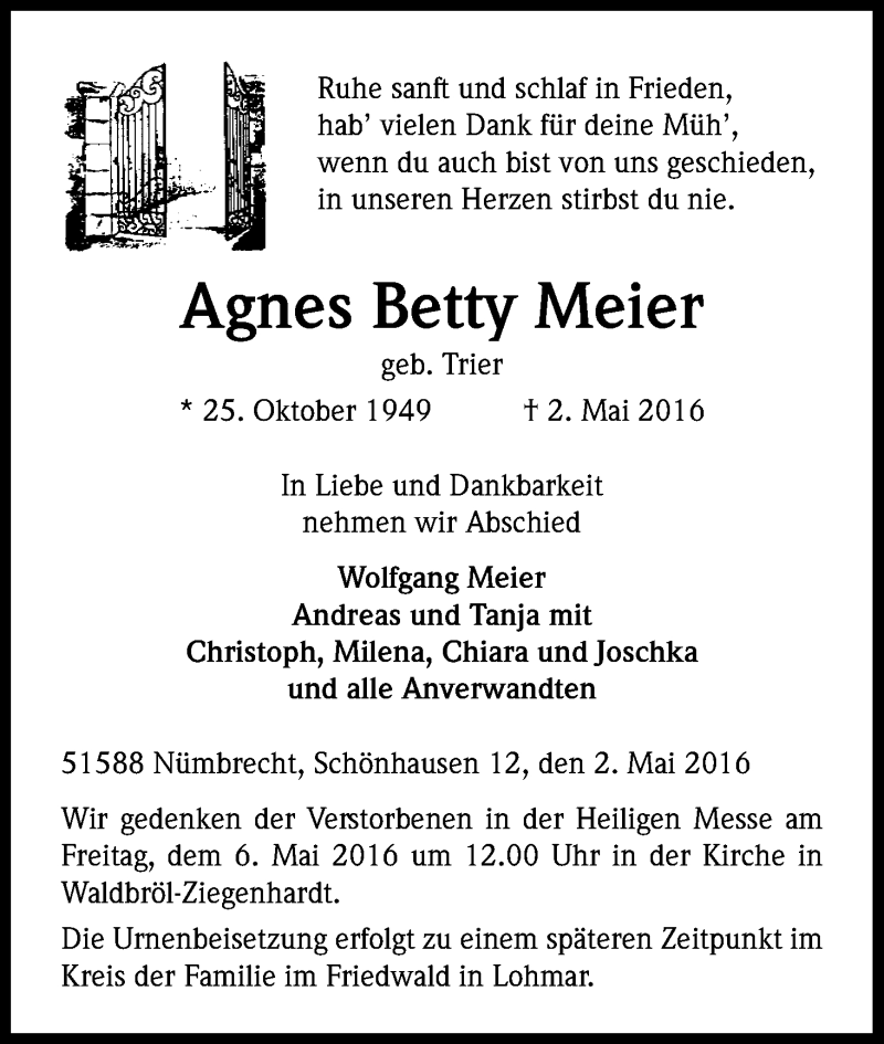  Traueranzeige für Agnes Betty Meier vom 04.05.2016 aus Kölner Stadt-Anzeiger / Kölnische Rundschau / Express