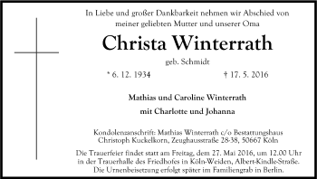 Anzeige von Christa Winterrath von Kölner Stadt-Anzeiger / Kölnische Rundschau / Express