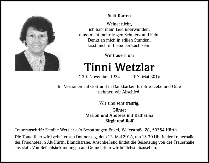  Traueranzeige für Tinni Wetzlar vom 10.05.2016 aus Kölner Stadt-Anzeiger / Kölnische Rundschau / Express