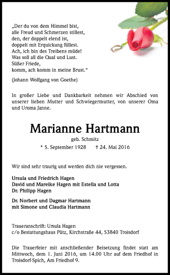 Anzeige von Marianne Hartmann von Kölner Stadt-Anzeiger / Kölnische Rundschau / Express