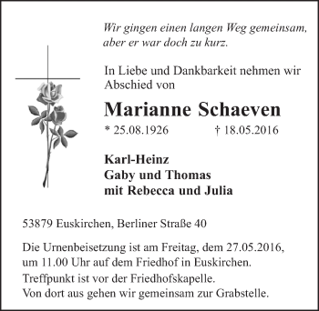 Anzeige von Marianne Schaeven von  Blickpunkt Euskirchen 