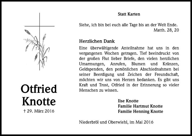  Traueranzeige für Otfried Knotte vom 14.05.2016 aus Kölner Stadt-Anzeiger / Kölnische Rundschau / Express