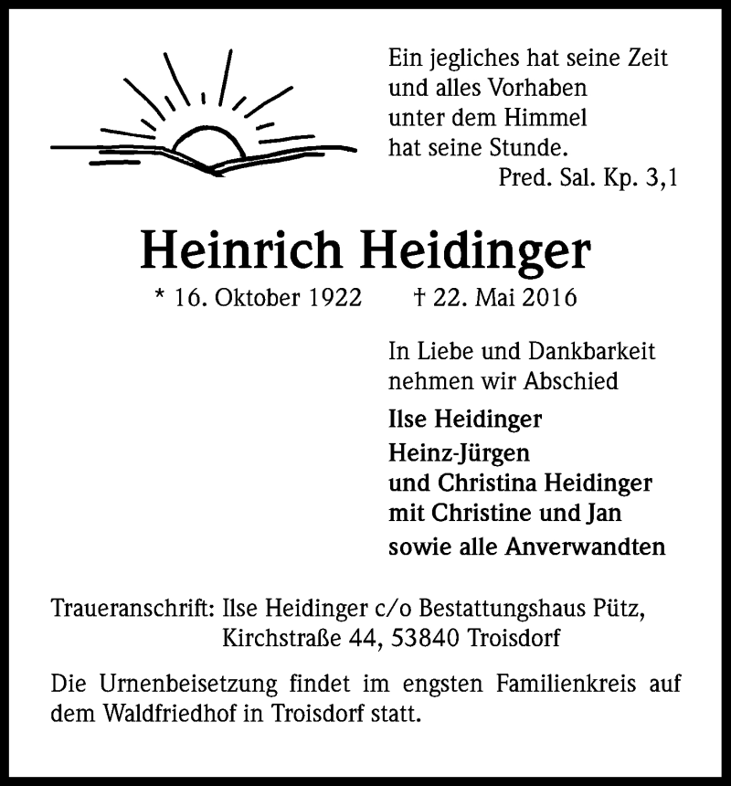  Traueranzeige für Heinrich Heidinger vom 28.05.2016 aus Kölner Stadt-Anzeiger / Kölnische Rundschau / Express