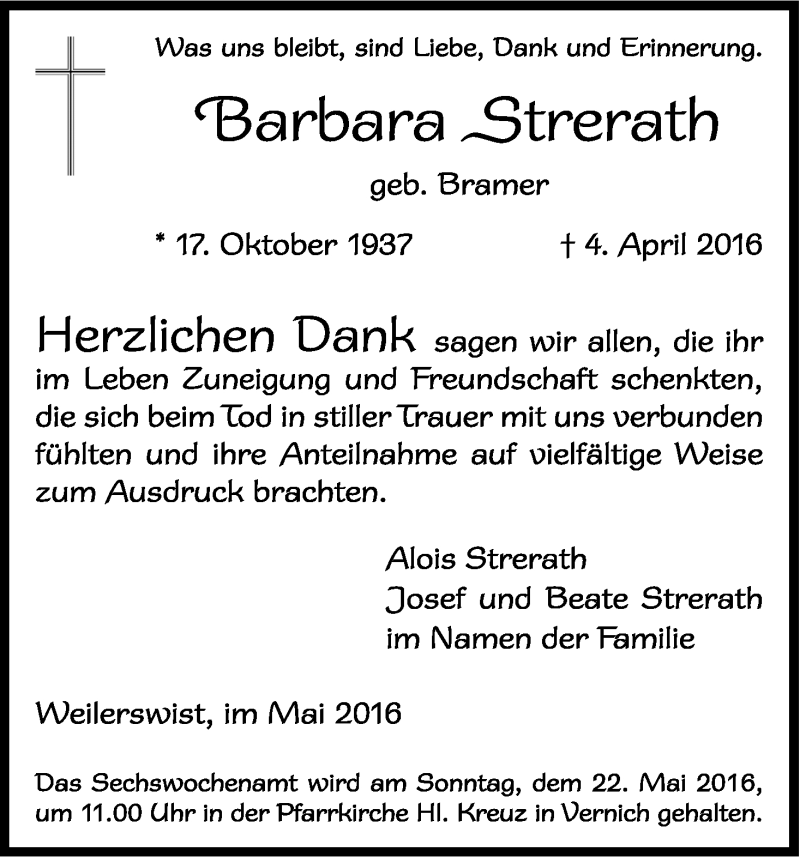  Traueranzeige für Barbara Strerath vom 14.05.2016 aus Kölner Stadt-Anzeiger / Kölnische Rundschau / Express