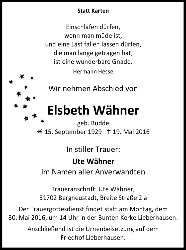  Traueranzeige für Elsbeth Wähner vom 25.05.2016 aus Kölner Stadt-Anzeiger / Kölnische Rundschau / Express