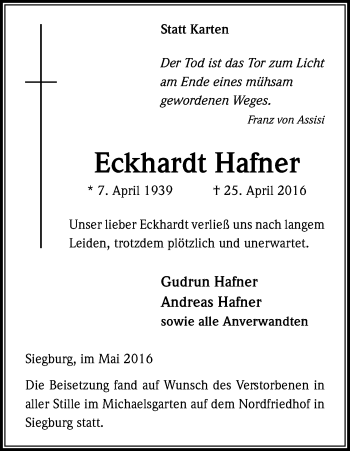 Anzeige von Eckhardt Hafner von Kölner Stadt-Anzeiger / Kölnische Rundschau / Express