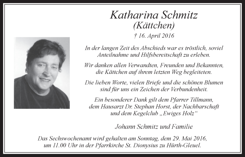  Traueranzeige für Katharina Schmitz vom 18.05.2016 aus  Wochenende 