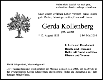 Anzeige von Gerda Kollenberg von Kölner Stadt-Anzeiger / Kölnische Rundschau / Express