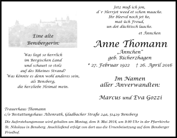 Anzeige von Anne Thomann von Kölner Stadt-Anzeiger / Kölnische Rundschau / Express