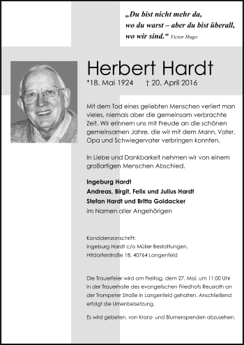 Anzeige von Herbert Hardt von Kölner Stadt-Anzeiger / Kölnische Rundschau / Express