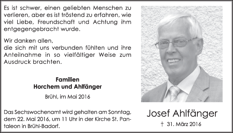  Traueranzeige für Josef Ahlfänger vom 18.05.2016 aus  Schlossbote/Werbekurier 