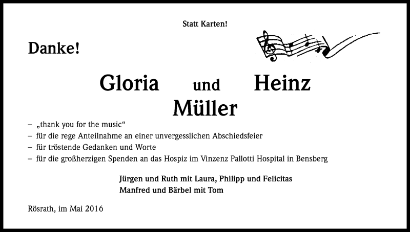  Traueranzeige für Gloria und Heinz Müller vom 14.05.2016 aus Kölner Stadt-Anzeiger / Kölnische Rundschau / Express