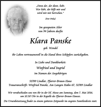 Anzeige von Klara Panske von Kölner Stadt-Anzeiger / Kölnische Rundschau / Express