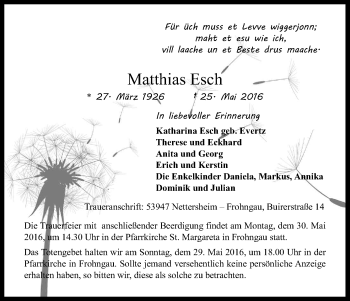 Anzeige von Matthias Esch von Kölner Stadt-Anzeiger / Kölnische Rundschau / Express
