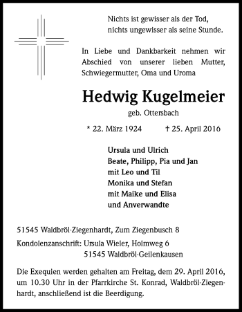 Anzeige von Hedwig Kugelmeier von Köln - Wir Trauern