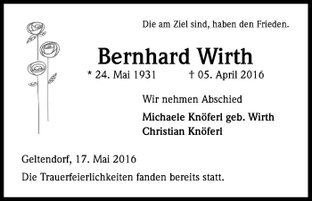 Anzeige von Bernhard Wirth von Kölner Stadt-Anzeiger / Kölnische Rundschau / Express