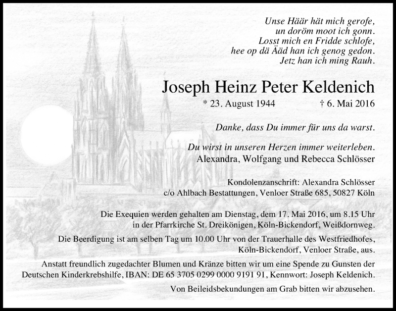  Traueranzeige für Joseph Heinz Peter  Keldenich vom 11.05.2016 aus  Kölner Wochenspiegel 