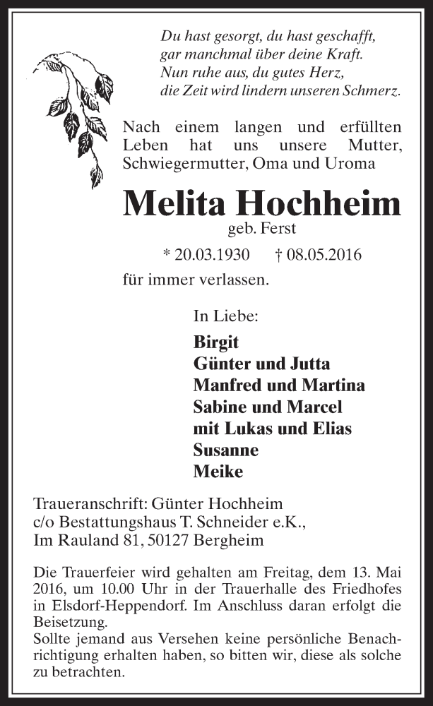  Traueranzeige für Melita Hochheim vom 11.05.2016 aus  Werbepost 
