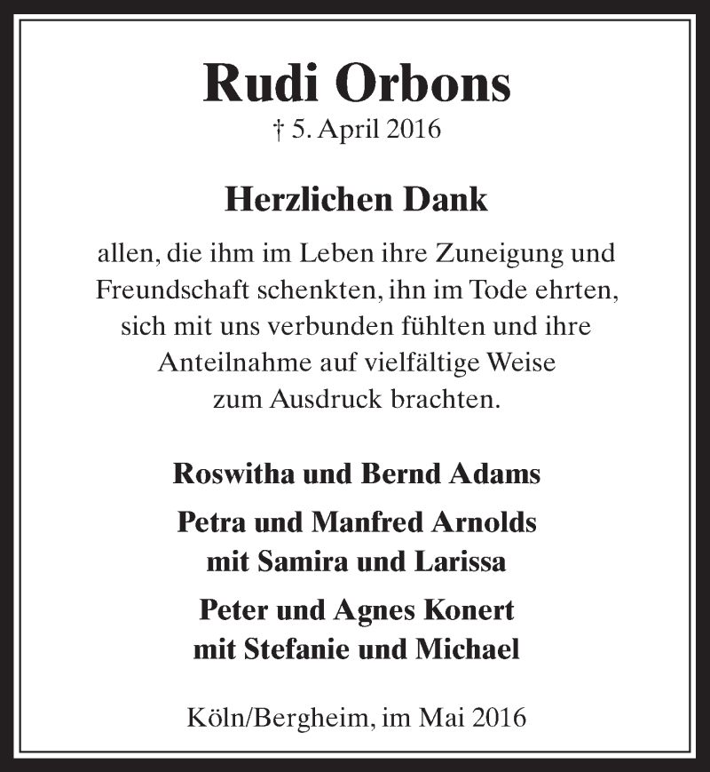  Traueranzeige für Rudi Orbons vom 11.05.2016 aus  Werbepost 