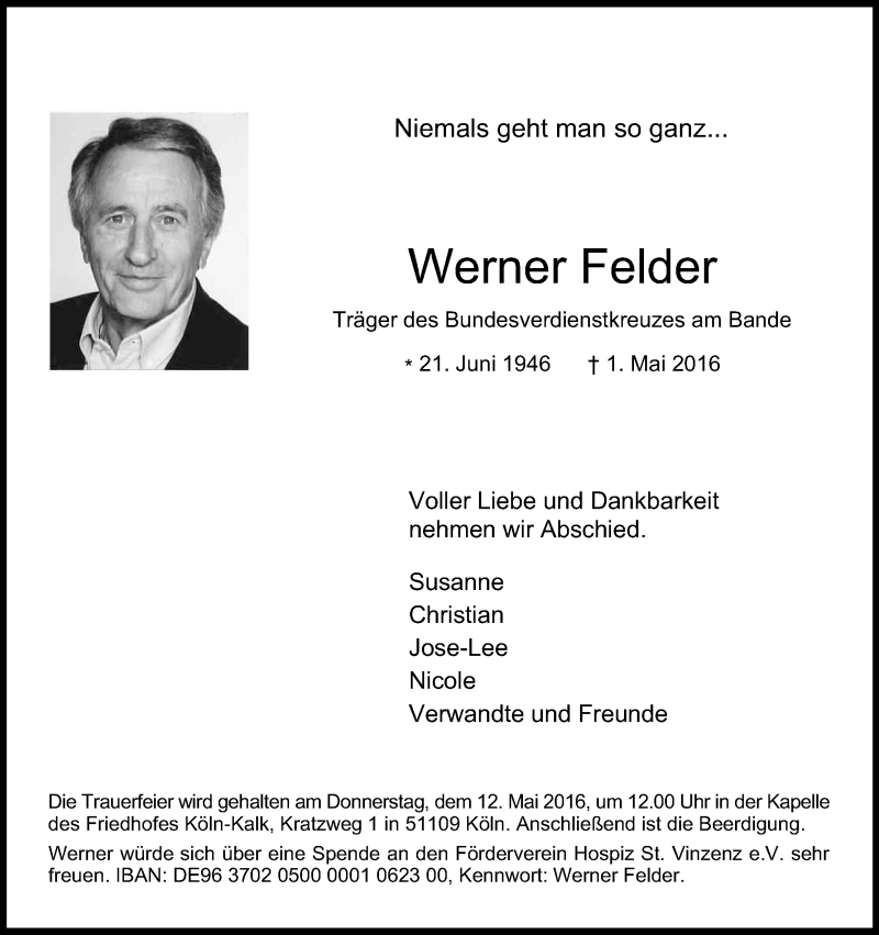  Traueranzeige für Werner Felder vom 07.05.2016 aus Kölner Stadt-Anzeiger / Kölnische Rundschau / Express