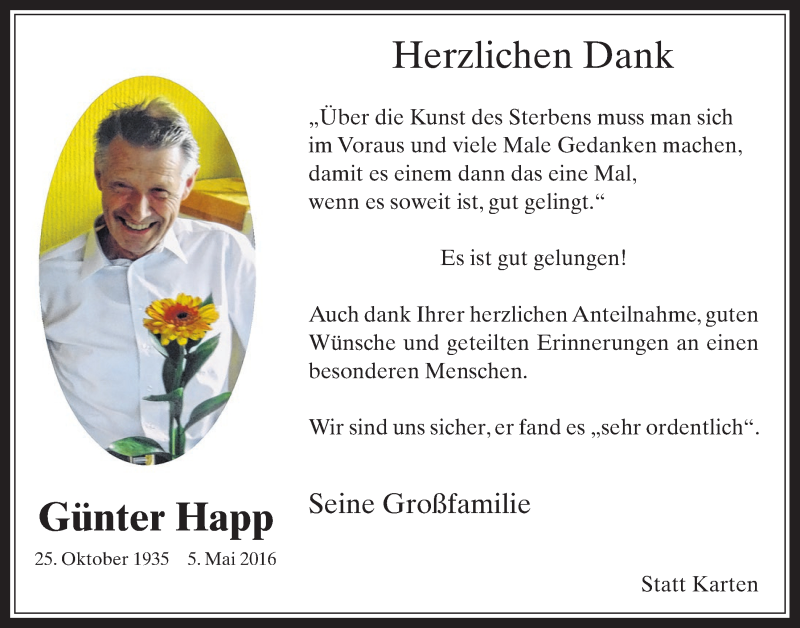  Traueranzeige für Günter Happ vom 25.05.2016 aus  Werbepost 