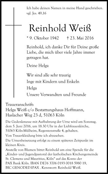 Anzeige von Reinhold Weiß von Kölner Stadt-Anzeiger / Kölnische Rundschau / Express