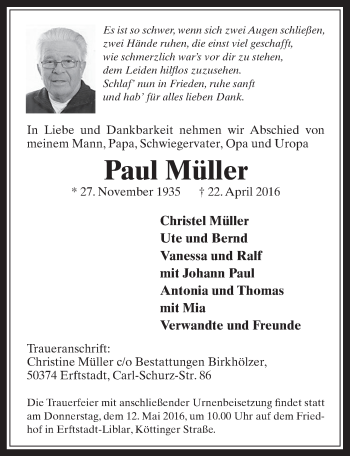 Anzeige von Paul Müller von  Werbepost 