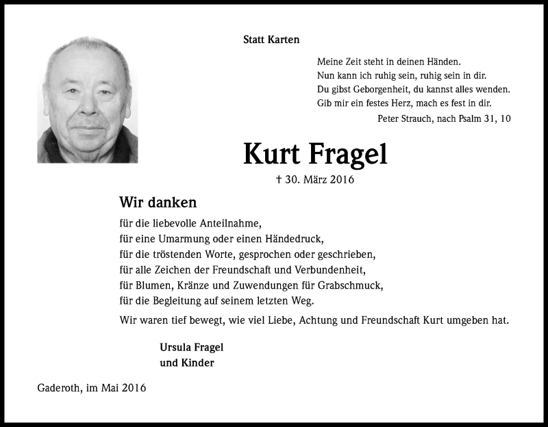  Traueranzeige für Kurt Fragel vom 14.05.2016 aus Kölner Stadt-Anzeiger / Kölnische Rundschau / Express