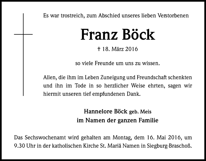  Traueranzeige für Franz Böck vom 07.05.2016 aus Kölner Stadt-Anzeiger / Kölnische Rundschau / Express