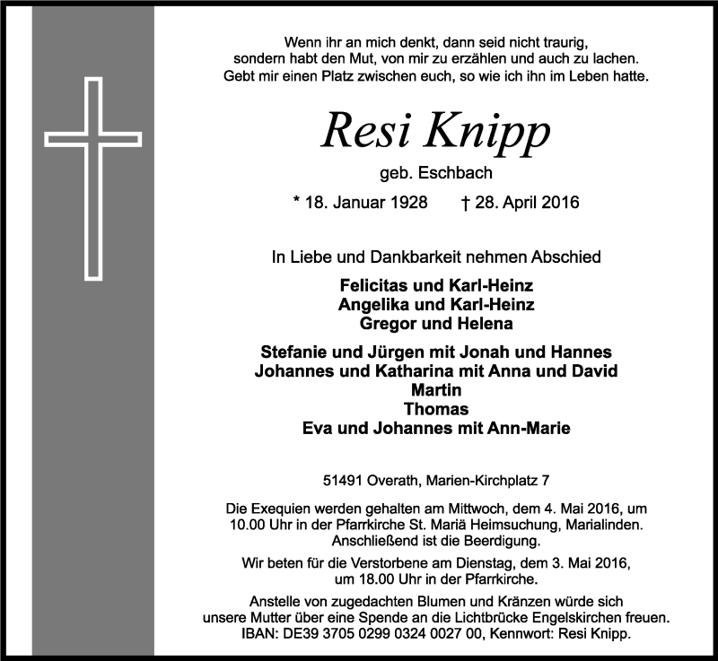  Traueranzeige für Resi Knipp vom 30.04.2016 aus Kölner Stadt-Anzeiger / Kölnische Rundschau / Express