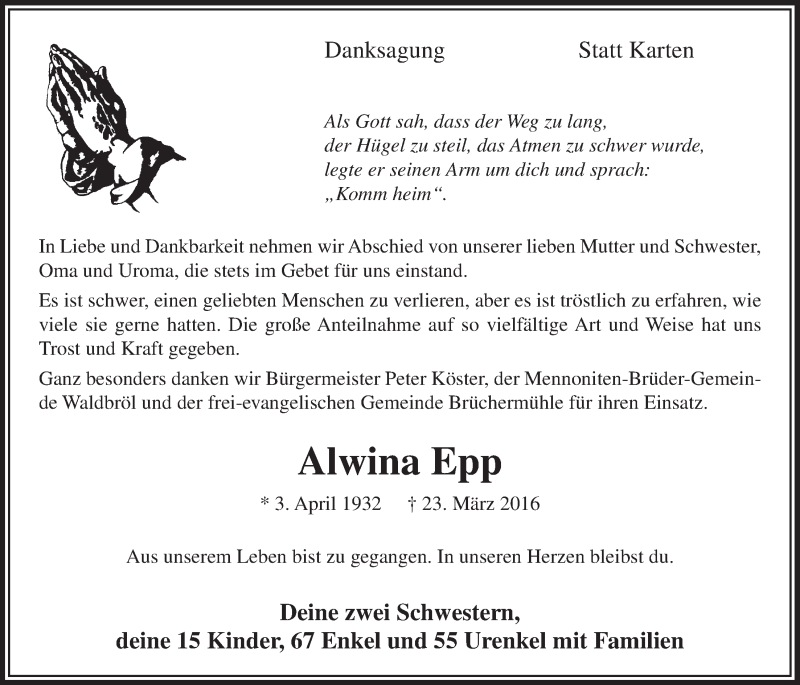  Traueranzeige für Alwina Epp vom 04.05.2016 aus  Lokalanzeiger 