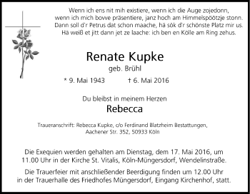 Anzeige von Renate Kupke von Kölner Stadt-Anzeiger / Kölnische Rundschau / Express