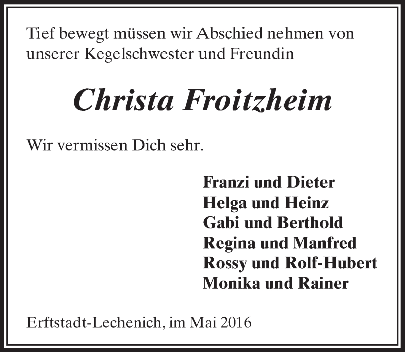  Traueranzeige für Christa Froitzheim vom 28.05.2016 aus  Sonntags-Post 