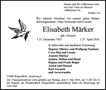 Anzeige von Elisabeth Märker von Kölner Stadt-Anzeiger / Kölnische Rundschau / Express