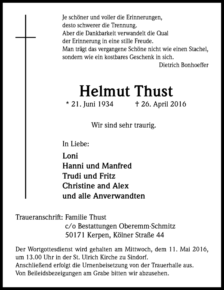  Traueranzeige für Helmut Thust vom 07.05.2016 aus Kölner Stadt-Anzeiger / Kölnische Rundschau / Express