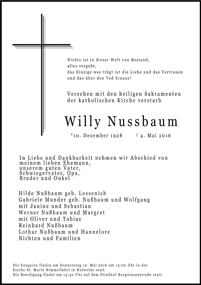  Traueranzeige für Willy Nussbaum vom 07.05.2016 aus Kölner Stadt-Anzeiger / Kölnische Rundschau / Express