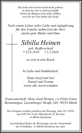 Anzeige von Sibilla Heinen von Kölner Stadt-Anzeiger / Kölnische Rundschau / Express