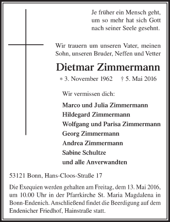 Anzeige von Dietmar Zimmermann von  Lokalanzeiger 
